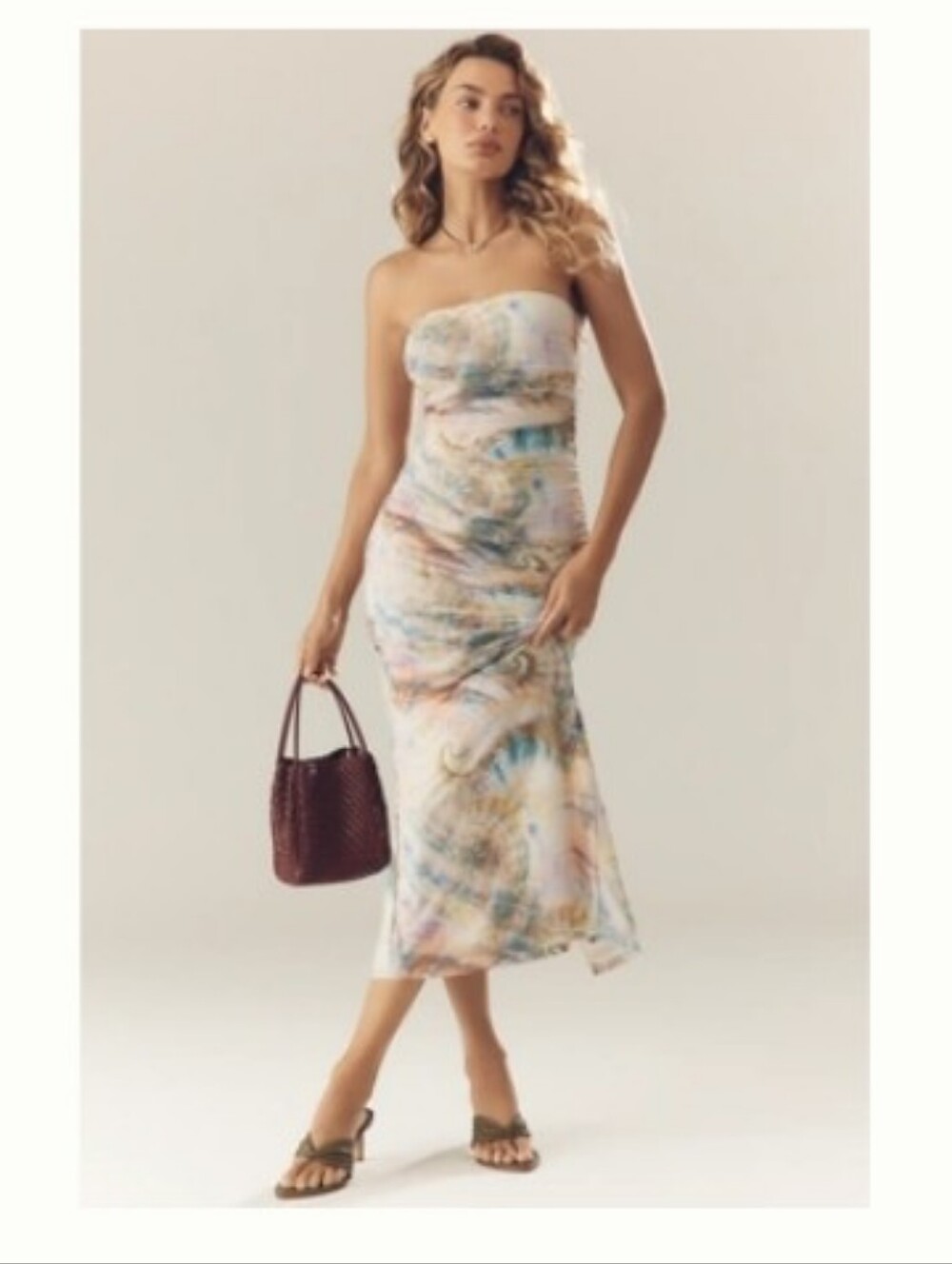 NWT AFRM Strapless Mesh Midi Dress In PEARLY SHELL